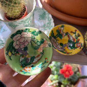 Pair of vintage Japanese porcelain bowls, 3" diameter, in green yellow j…
